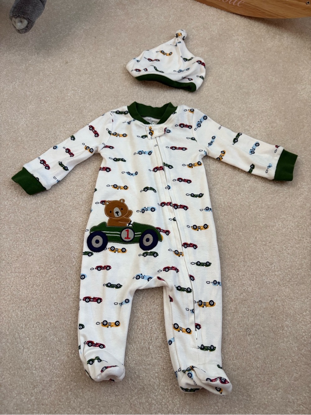 Cream Baby One-Piece with Green Trim and Car Print
